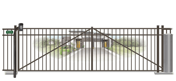Metal sliding estate gate in closed position