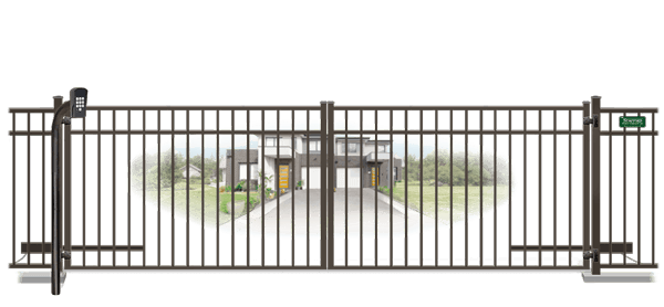 Metal swinging estate gate in closed position