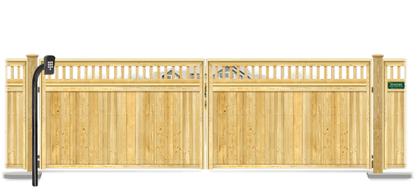 Wood swinging estate gate in closed position